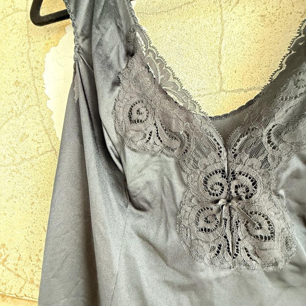 Black Satin Camisole Top With Lace Neckline Wide‎ Straps Sheer Vintage Style M - Picture 3 of 4